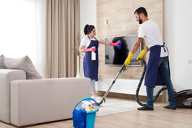Cleaner wiping kitchen countertop with microfiber cloth in modern residential home