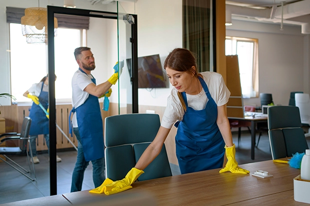 House cleaning professional vacuuming carpeted living room floor near sofa