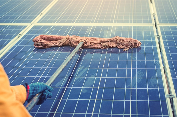 Close-up of solar panels being scrubbed with long-handled cleaning brush